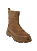 Botín camel de cuero y textil, estilo casual para mujer, suela con relieve ideal para moda urbana y ocasiones informales.