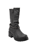 Calzado femenino gris con suela gruesa y taco cuadrado, diseño moderno perfecto para combinar con jeans o faldas.