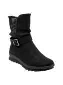 Botín negro de mujer con eje medio y detalle tejido, perfecto para un estilo comfort-chic y combinable con jeans.