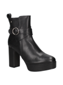 Versátil botín negro de cuero para mujer, estilizado por su altura media, ideal para combinar con jeans o vestidos.