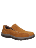 Calzado slip-on camel de cuero para hombre, comodidad y elegancia para eventos casuales y clima templado.