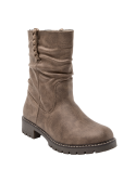 Botín taupe de moda urbana, versátil para combinar con chaquetas de cuero o parkas, asegurando estilo y comodidad.