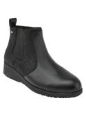 Botín negro de cuero con detalles elásticos, diseño Chelsea para mujer, perfecto para días fríos.