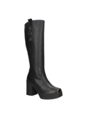 Bota negra de cuero para mujer con taco cuadrado y caña alta, versátil para eventos sociales informales.