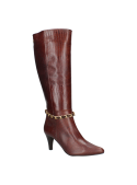 Bota marrón de cuero para mujer con taco aguja de 7.5 cm y punta puntiaguda, estilo casual.