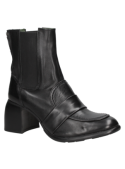 Botín de cuero negro para mujer, estilo Chelsea, con elásticos laterales y costuras artesanales que destacan su elegancia.