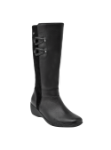 Calzado de cuero negro para mujer, con caña alta y hebillas decorativas, ideal para climas fríos y looks casuales.