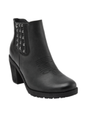 Versátil botín Chelsea negro de cuero para mujer, con tacón ancho y detalles modernos, ideal para el día a día.