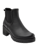 Elegante botín negro de mujer estilo Chelsea, con diseño clásico y funcional, adecuado para días lluviosos y clima fresco.