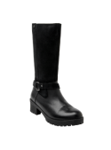 Calzado de cuero negro para mujer, mezcla de texturas y correa decorativa, versátil para otoño e invierno.