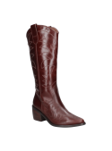 Bota estilo western en cuero café para mujer, caña alta y detalles artesanales, ideal para festivales y paseos.