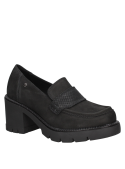 Zapato Pollini J250 de cuero negro con taco bloque, diseñado para la mujer moderna.