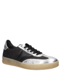 Zapatilla negra casual de cuero para mujer con diseño vanguardista y taco plano.