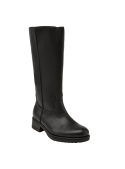 Versátil bota de cuero negro que combina con vestidos o jeans ajustados para un look bohemio o urbano.