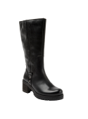 Bota de cuero negro con silueta recta y detalles elegantes, adecuada para salidas al parque o reuniones semi-formales.