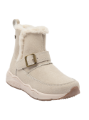 Bota beige con detalles elegantes, combina con abrigo o chaqueta invernal para un look armonioso y acogedor.