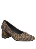 Zapato de mujer en cuero charol animal print con diseño minimalista y taco grueso, ideal para eventos formales y elegantes.