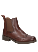 Botín café de cuero para mujer, estilo Chelsea, con paneles elásticos laterales para un calce fácil y cómodo.
