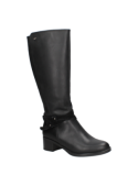 Bota negra de cuero para mujer, estilo casual-chic, con caña alta y tacón cuadrado mediano, ideal para días fríos.