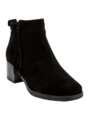 Botín negro de gamuza para mujer, estilo boho chic, con trenza y borla. Ideal para ocasiones semiformales.