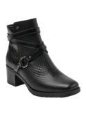 Botín de cuero negro para mujer, con diseño elegante y moderno, ideal para ocasiones semiformales y estilo casual chic.