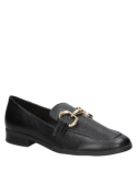 Zapato negro de mujer, cuero, mocasín casual con hebilla doble, ideal para ocasiones formales y casuales.