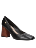 Zapato de cuero negro para mujer, estilo casual, minimalista, clásico, con tacón ancho elegante y cómodo.
