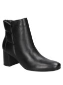 Botín negro de mujer en cuero, estilo casual y minimalista, con tacón medio cuadrado, ideal para varios atuendos.