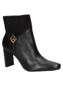 Botín negro de cuero para mujer, elegante con tacón grueso y puntera puntiaguda, ideal para eventos formales.