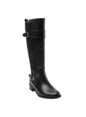 Bota negra de caña alta, elegante, con hebillas y punta redondeada, ideal para un look sofisticado.