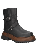 Calzado robusto de cuero negro para mujer, con hebilla de metal y diseño minimalista, perfecto para días fríos.