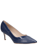 Zapato azul de cuero para mujer estilo vestir con taco aguja de 6.2 cm y punta puntiaguda.
