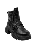 Calzado de cuero negro para mujer, estilo chunky, con costuras visibles y detalles grabados, ideal para salidas urbanas.