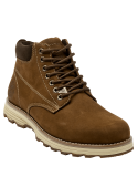 Botín de cuero gamuzado café, sistema de amarre con pasadores metálicos, ideal para un look urbano y práctico.