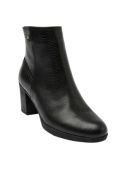Botín negro de cuero para mujer, ideal para eventos formales, con acabado reptil que aporta un toque sofisticado.