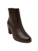 Botín marrón de cuero para mujer, diseño minimalista y sofisticado, perfecto para combinar con faldas midi o jeans ajustados.