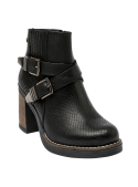 Botín casual de cuero negro para mujer, con estilo bohemio y moderno, versátil para reuniones informales.
