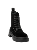 Botín de cuero negro gamuzado con plataforma gruesa y cordones ajustables, ideal para el street style.