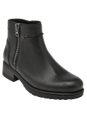 Botín negro de mujer en cuero, perfecto para ocasiones semi-informales, con cremallera lateral y diseño versátil.