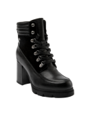 Botín de cuero negro para mujer, diseño robusto y elegante con cordones gruesos, ideal para ocasiones informales.