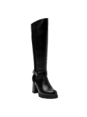 Bota elegante de cuero negro hasta la rodilla, con correa y hebilla metálica, ideal para un look urbano y minimalista.