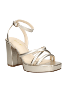 Elegante sandalia de cuero oro con plataforma, estilo clásico y moderno, ideal para cenas y salidas nocturnas.