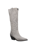 Bota vaquera gris para mujer, confeccionada en cuero gamuzado, con bordado curvilíneo clásico occidental en el exterior.