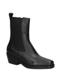 Botín Chelsea negro de mujer, elegante y atemporal, con punta cuadrada y tacón ancho medio para comodidad diaria.