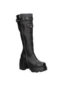 Bota negra de cuero para mujer, ideal para moda urbana, combina con skinny jeans o vestidos sueltos para un look chic.