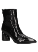Botín negro de charol femenino, diseño limpio y atemporal, estabilidad con tacón cuadrado, sofisticación garantizada.