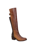 Bota boho-chic café para mujer, cuero con detalles reptil y elástico trasero, perfecta con vestidos o jeans.