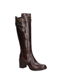 bota de cuero marrón para mujer, adecuada para otoño e invierno en Chile, ofreciendo estilo y comodidad.