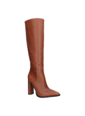 Bota camel de cuero, caña alta, patrones contrastantes. Ideal para looks formales y casuales con faldas o jeans.