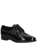 Zapato oxford brogue negro de cuero charol para mujer con taco plano de 3 cm.